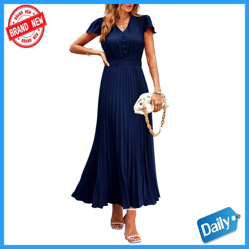 Summer Maxi Dress V-Neck Button Cap Sleeve Flowy Pleated Casual